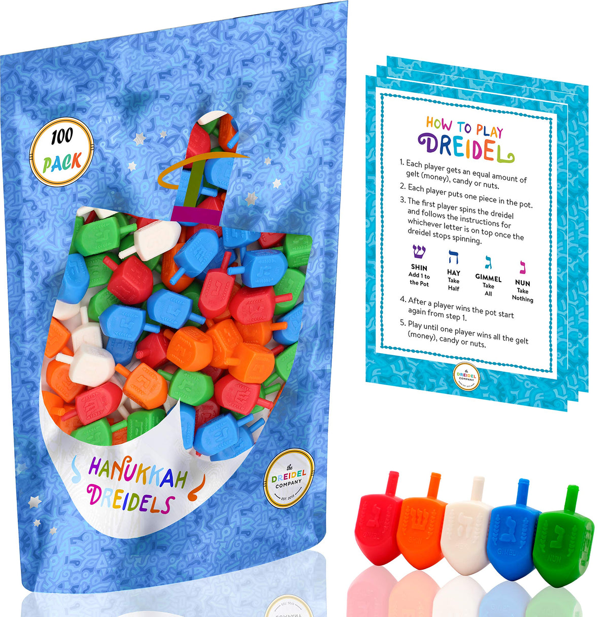 100 unidades de dreidels de Hanukkah de plástico multicolor