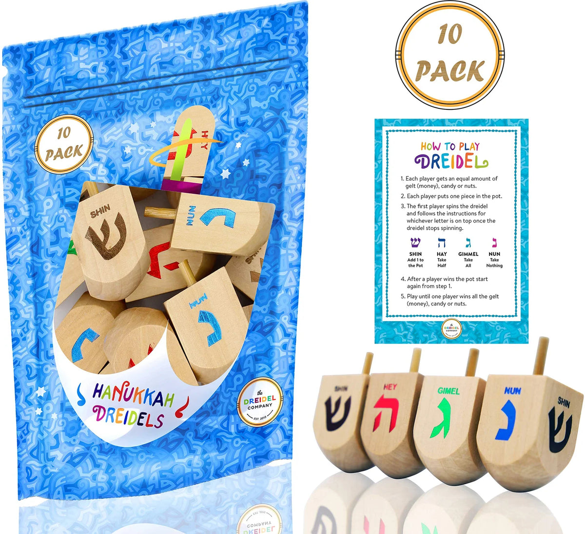 10 unidades de dreidels de Hanukkah de madera letras hebreas XL