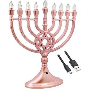 Menorá eléctrica LED de oro rosa para Janucá - Funciona con batería o USB